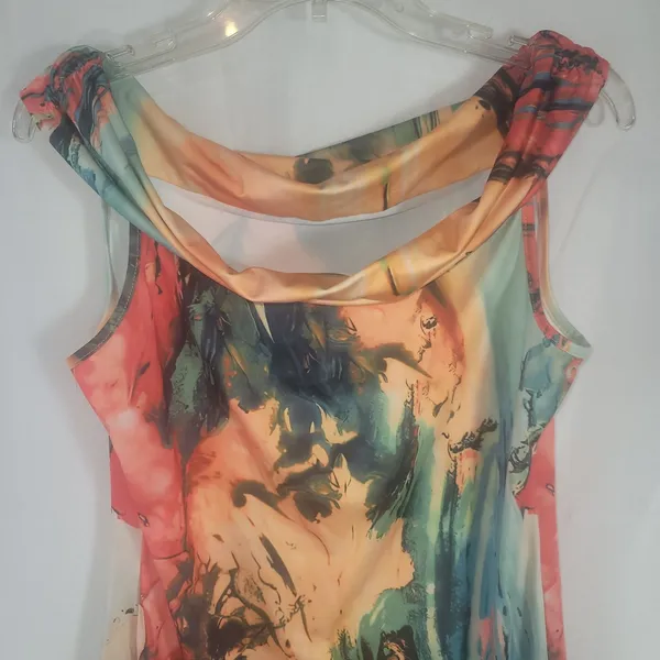 Vibrant Abstract Watercolor Sleeveless Cowl Neck Maxi Dress Orange Teal Size L - Image 7