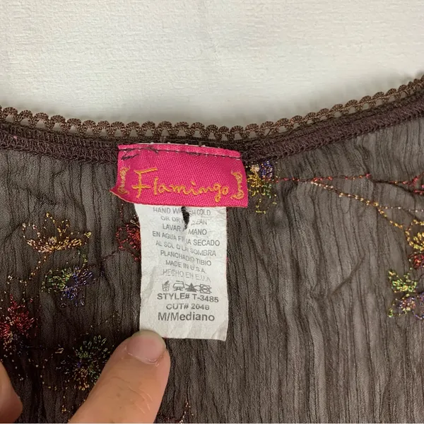 Flamingo size medium tiered vintage Brown Embroidered Top floral boho cottage - Image 3