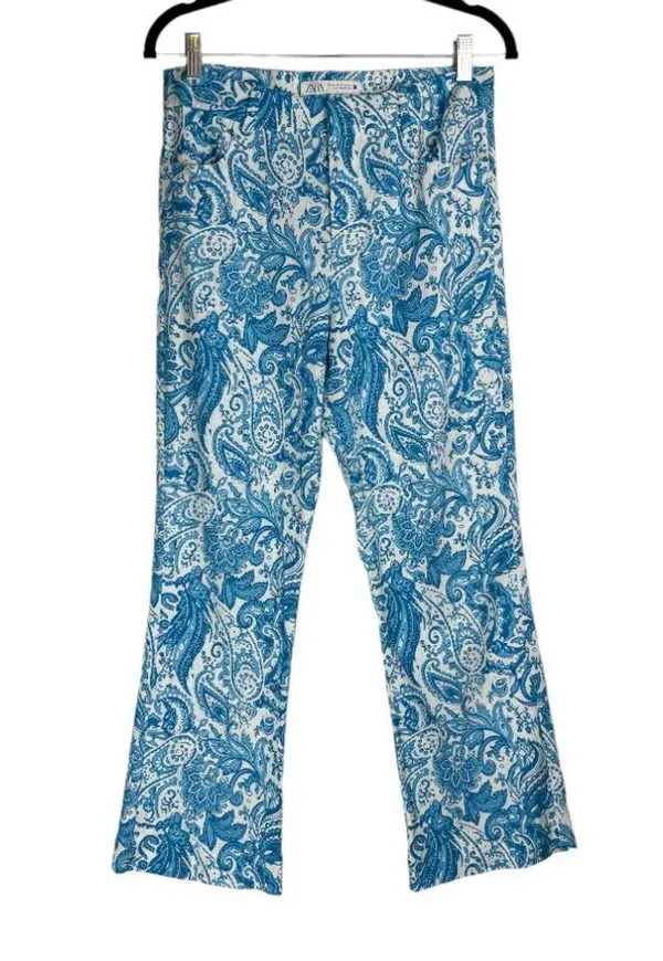 NWOT ZARA Linen Blend Trouser Pants Sz 6 Kick Flare Hem Blue Paisley Print - Image 2