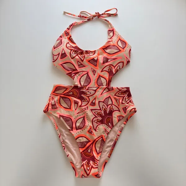 Aerie Swimsuit One Piece Womens Medium Orange Floral Geometric Cut Out Halter - Image 2