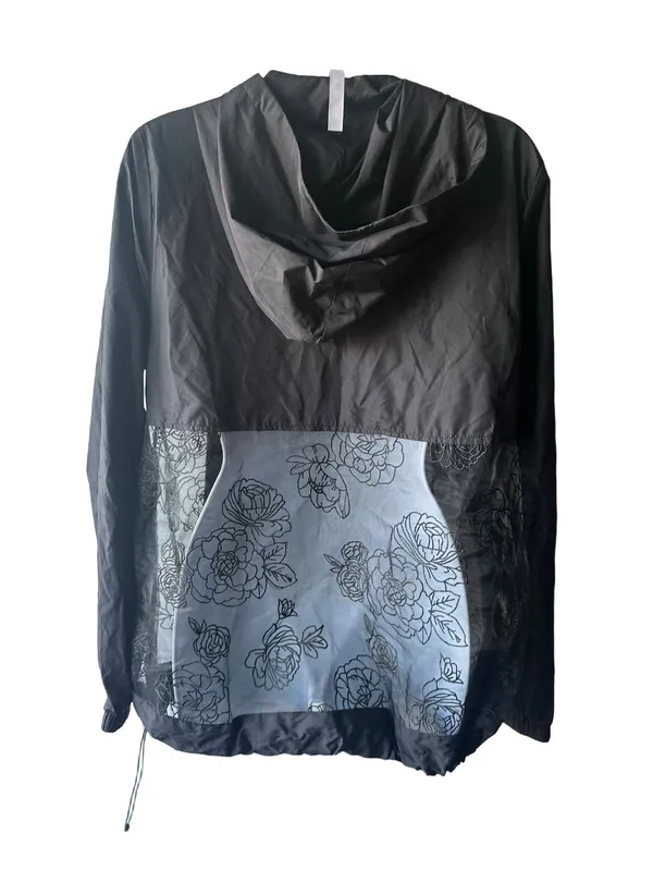Fabletics Black Half Zip Windbreaker Jacket M Hooded Sheer Floral Lace Hem - Image 2