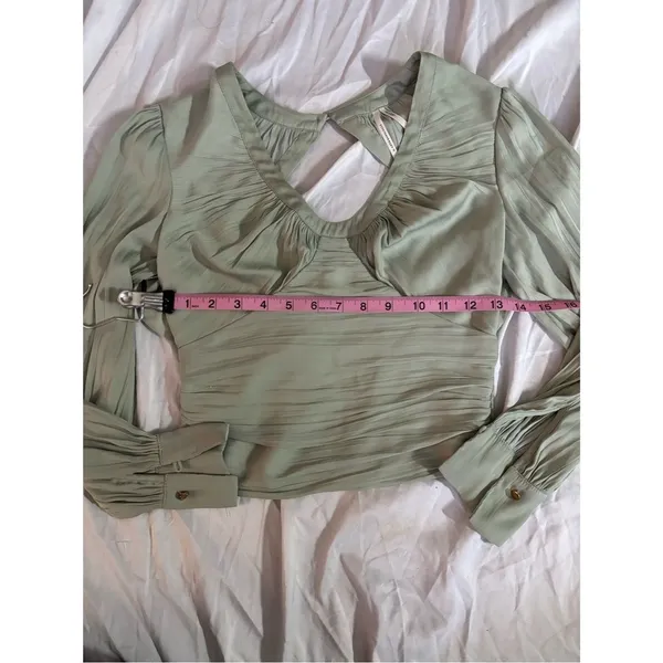 Anthropologie Sage Green Pleated Satin Open Back Blouse XXS Balloon Sleeve - Image 5