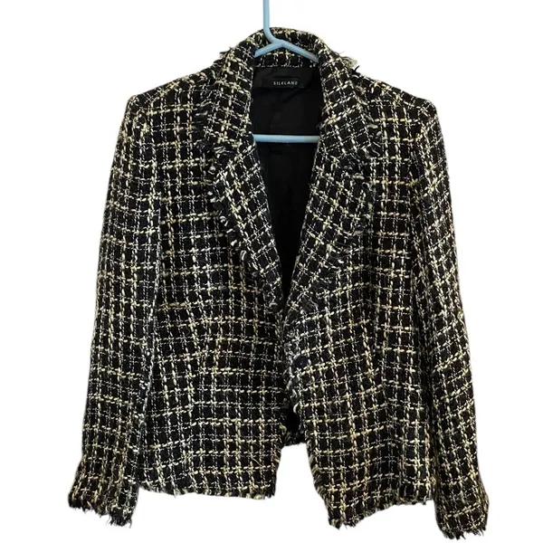 Silkland Black Cream Tweed Plaid Silk Suit Jacket blazer Old Money classic - Image 7