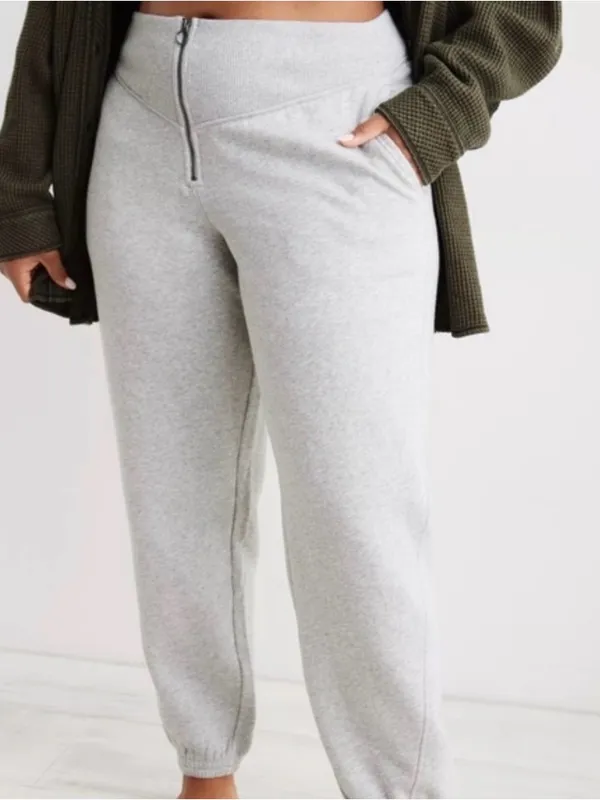 AERIE Fleece Corset Jogger Zip Front Sweatpants in Heather Gray Size L - Image 10