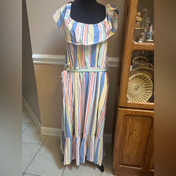 Draper James Multicolor Striped Off-Shoulder Midi Dress - Image 4