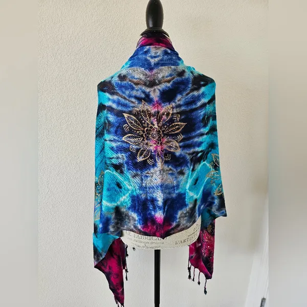Artisan Tie-Dye Boho Wrap Shawl with Gold Foil - Image 3