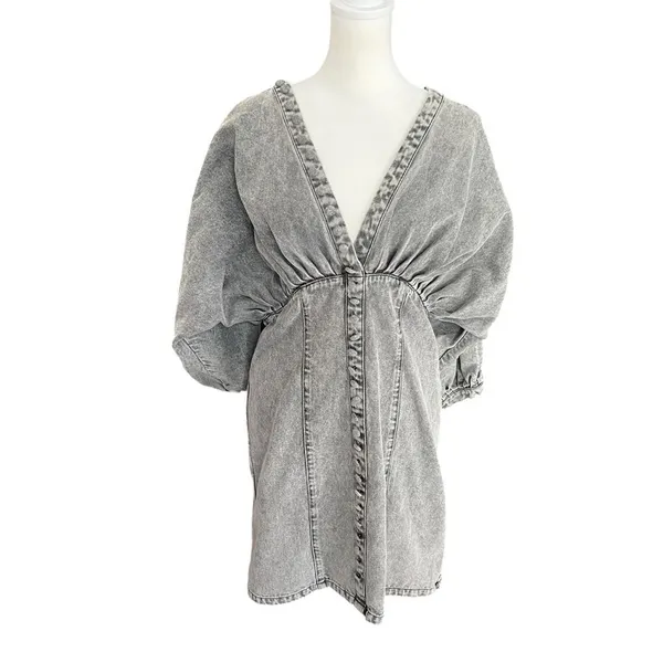 Joslin Studio Ayra Black Grey Denim Puff Sleeve Mini Dress Size 10 - Image 3