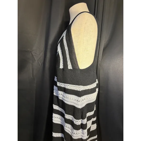 Black and White Striped Knit V-Neck Sleeveless Maxi Dress Boho Beach Coverup - Image 6