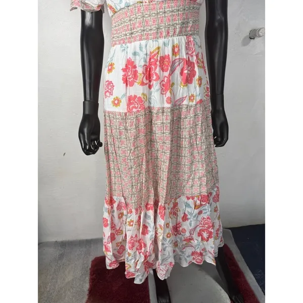 J GEE Womens Floral Smocked Waist Maxi Dress Pink White V-Neck‎ Boho Size S - Image 4