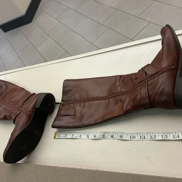 Boots Women's Tall Brown Leather Heeled Riding Boots with Buckle by Nine West 6 - Image 5