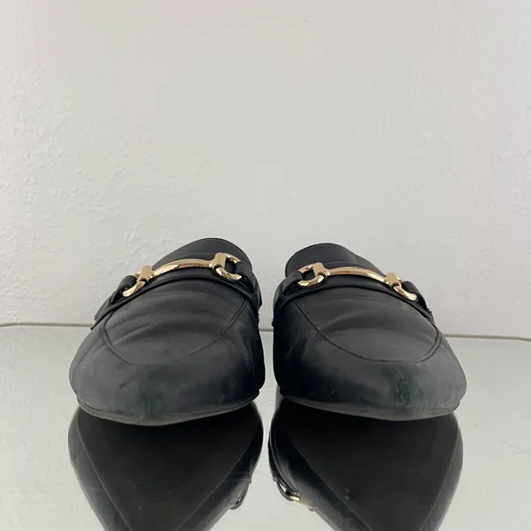 Black Leather Fortress Horse Bit Pointed Toe Slip On Loafer Mules - Image 9