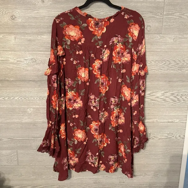 Altard State Burgundy Floral Ruffle Lace Sleeve Tunic‎ Dress Size L - Image 5