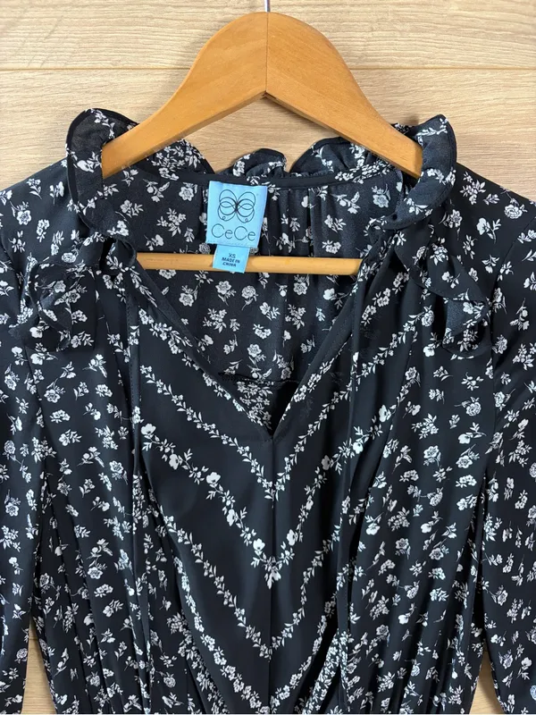 CeCe Black Floral Smocked Midi Dress Size XS - Image 9