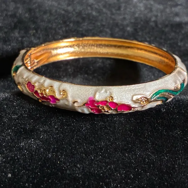 Gold tone enamel bangle bracelet with White, pink and green floral design 7” - Image 2