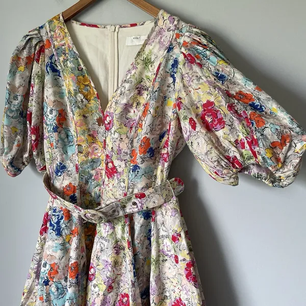 ZIMMERMANN Clover Paneled Mini Dress 100% Linen Spliced Multi Floral Size 2 - Image 5