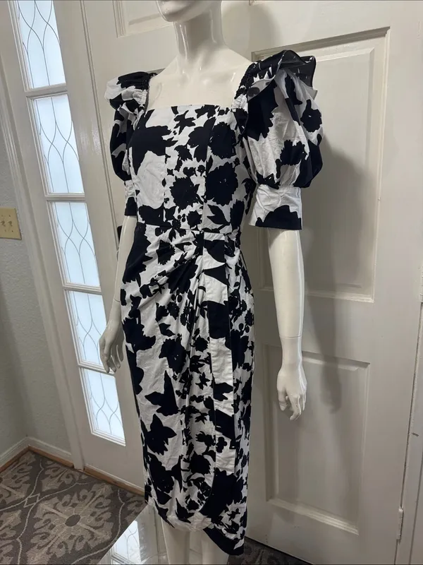 Christopher John Rogers 100% Cotton Black & White Puff-Sleeve Midi Dress Size 4 - Image 7