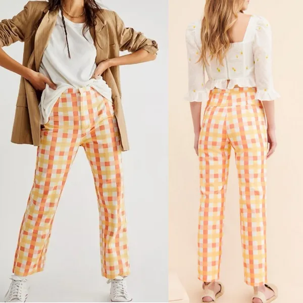 Free People She's All That Printed Checker Pants Orange‎ Yellow White 4 High Rise - Image 2