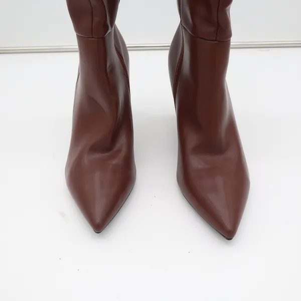 Brown Faux Leather Pointed Toe Stiletto Knee High Boots Size 8.5 - Image 5