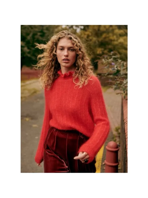 SEZANE Bright Red Mohair Merino Wool Knit Ruffle High Neck Sweater Loris Jumper - Image 2