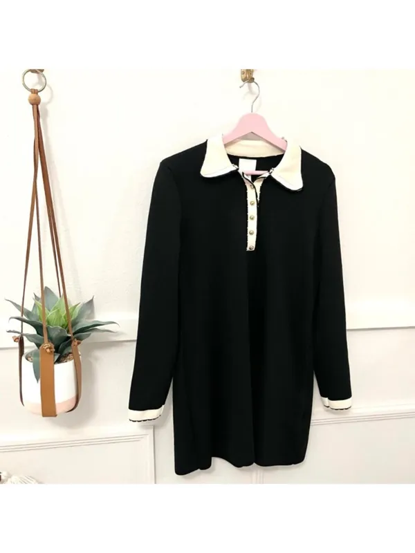 H&M Knitted Collared Dress Black White Long Sleeve Size M 60s Mod Parisian Chic - Image 3