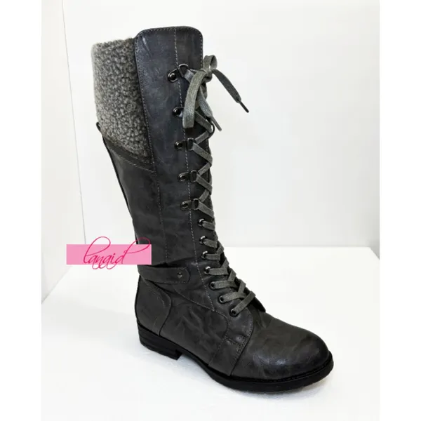 Spring Step Snowball Boots Grey Lace-Up Tall Knee-High Vegan Leather Flat Low 37 - Image 3