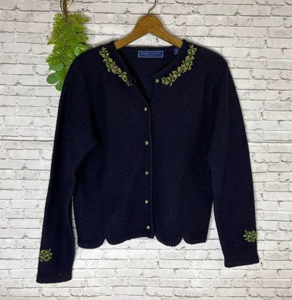 Vintage Karen Scott Navy Blue Cottagecore Embroidered Cardigan Sweater - Image 2
