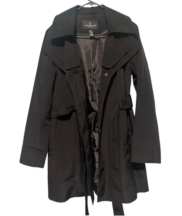 London Fog Black Trench Coat Women’s Size M Classic Button Front Belted Jacket - Image 2