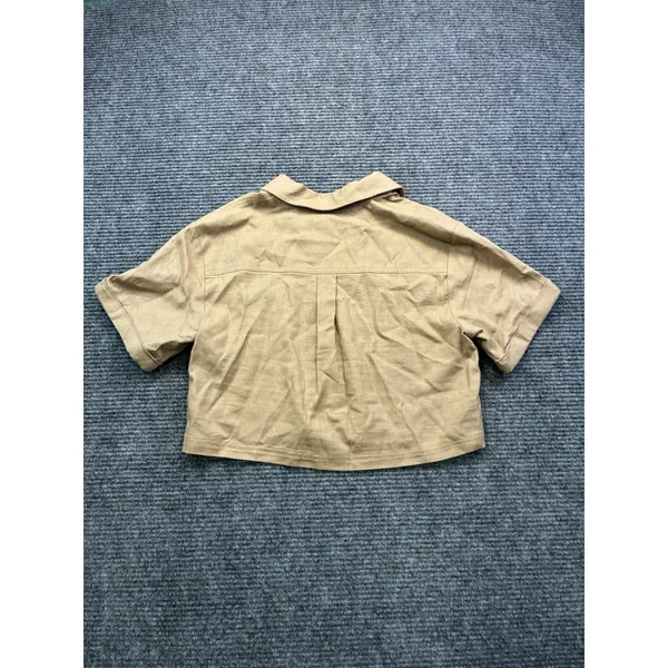 Nine West Women's Linen Blend Cropped Utility Shirt‎ Short Sleeves Khaki Size XS - Image 8