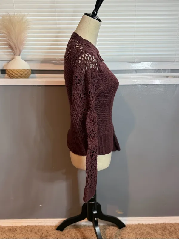 Zara Burgundy Crochet Floral Knit Sweater Wool Blend Medium - Image 5