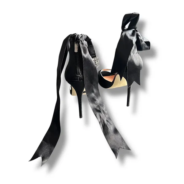 Enzo Angiolini Satin Bow Crystal Ankle‎ Strap Heels Women's 8M Black Elegant - Image 7