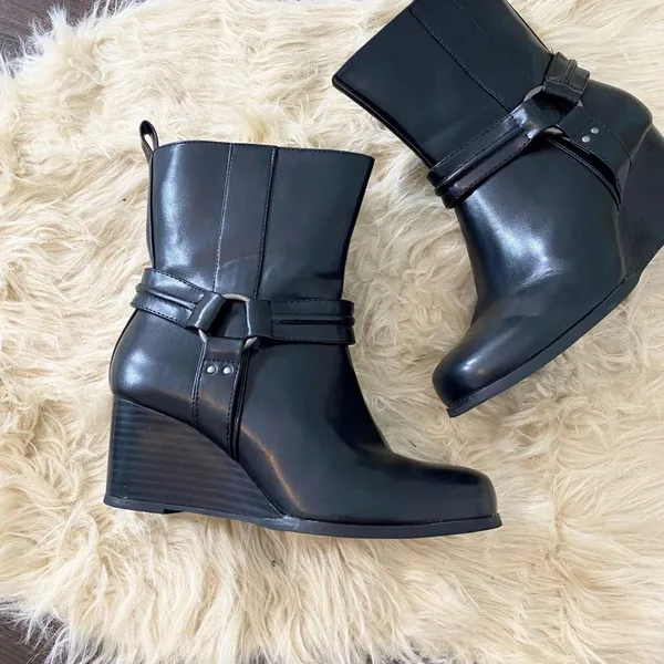 Torrid Black Harness Wedge Bootie / Mid Calf Biker Grunge Boots US 7.5 WW Wide - Image 2