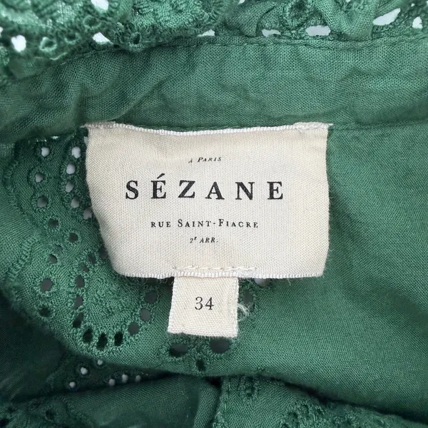 Sézane Louisah Green Organic Cotton Eyelet Ruffle Mock Neck Blouse Size 34 / 2 - Image 7