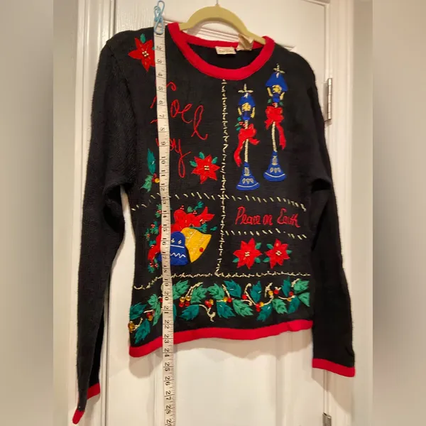 VTG 80s Bobbie Brooks Size S Vintage Holiday Sweater Black Embroidered Peace - Image 9
