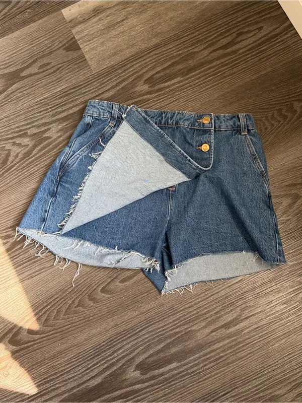 Zara Blue Denim Wrap-Front Fringe Skort Shorts - Image 7