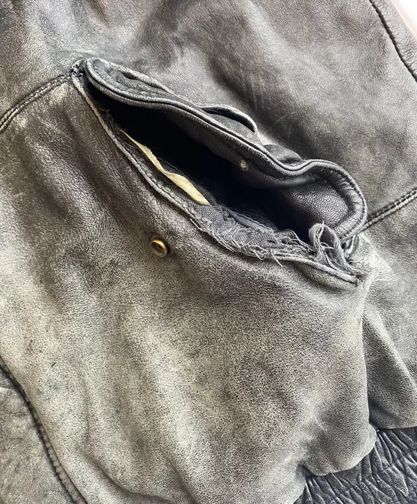 thrashed vintage boots leather jacket / xl, 26” ptp, 25” length / right pocket is missing snap button - Image 8
