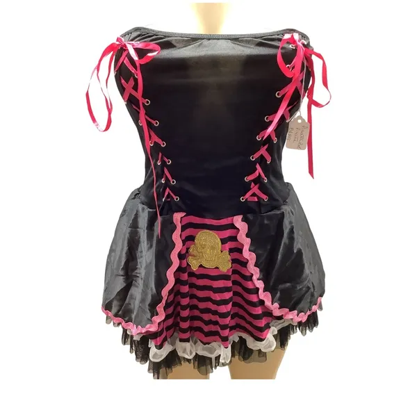 Black and Pink Vintage Corset Dress with Gold Skull and Ruffle Trim - Image 3