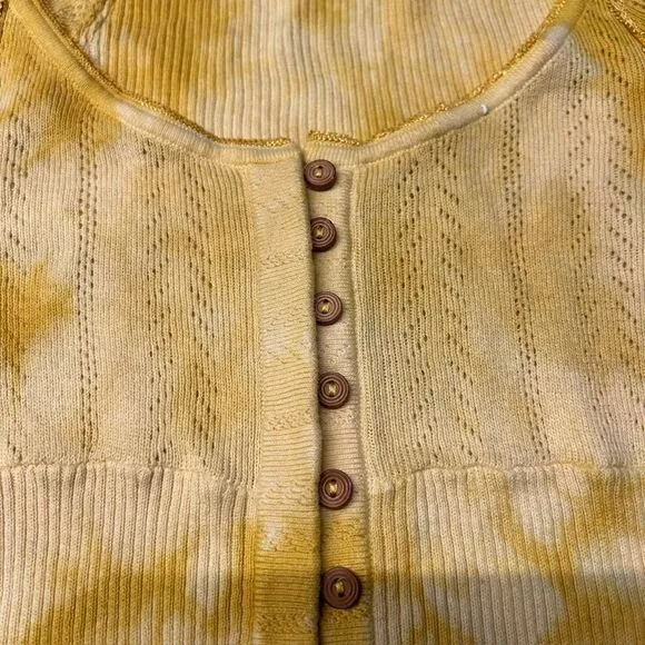 Y2K Free People XS Button Hanley Top‎ 3/4 Sleeve Gold Yellow Pointelle Coquette - Image 4