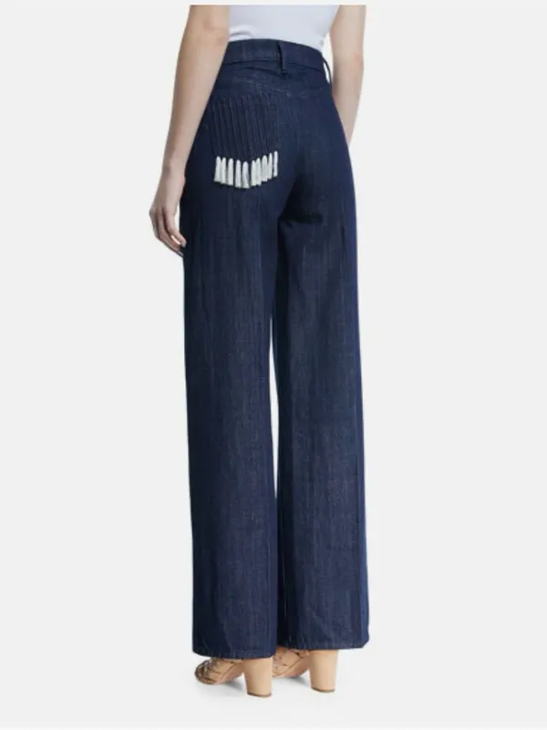 TORY BURCH Tilly Jean Fringe Pocket Dark Indigo High Rise Wide Leg Jeans Size 30 - Image 2
