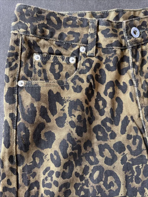 Women’s Leopard Print Wide Leg Denim Jeans Brown Black Y2K Size S NWOT - Image 4