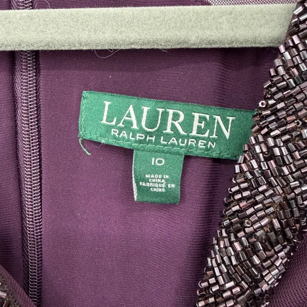 Lauren Ralph Lauren Purple Beaded Mesh V-Neck Ruched Sheath Dress‎ 10 Party - Image 4