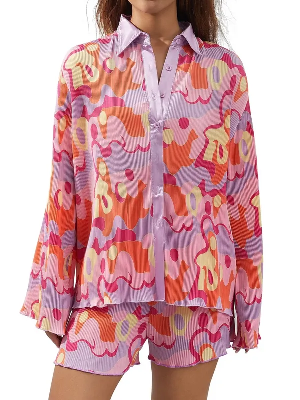Peppermayo Groovy set long sleeve button down shirt top pleats shorts colorful psychedelic - Image 3