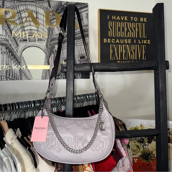Juicy Couture Quilted Gull Grey Puff Half Moon Xbody Crossbody Faux Leather Bag - Image 2