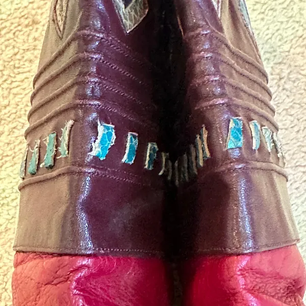 Vintage 80s Vita Mori Burgundy Geometric Western Revival Art‎ Deco Leather Boots - Image 4