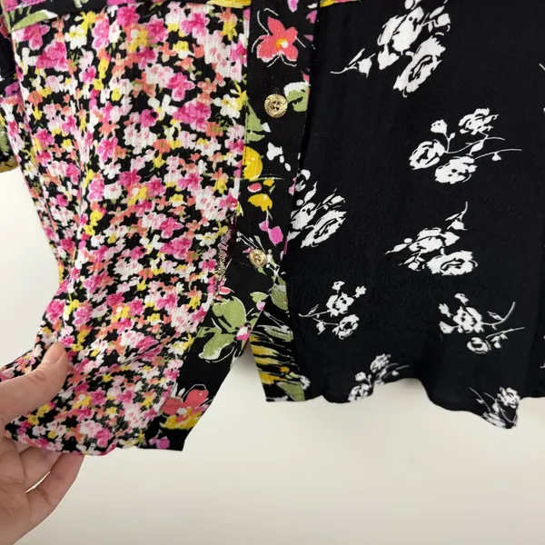 Calessa Floral Patchwork Button Down Shirt Large Multicolor Boho Maximalist Black - Image 2