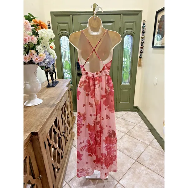 Pink Floral Deep V Maxi Dress | Size Small - Image 5