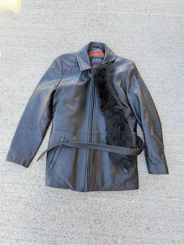 Wilsons Leather Mid length black 100% leather belted jacket removable lining Lg - Image 2
