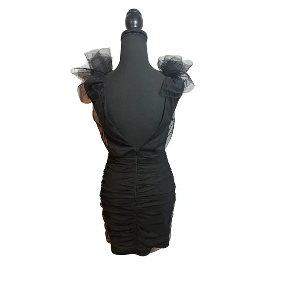 Lulus Black Ruched Mesh Mini Dress Tulle Ruffle Shoulder V-Neck XS Homecoming - Image 3