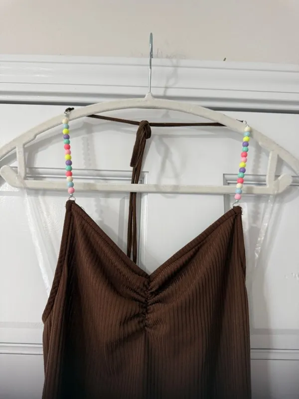 Just Polly Womans Sz Medium Brown Beaded Ribbed Thong Bodysuit Top Retro New - Image 3