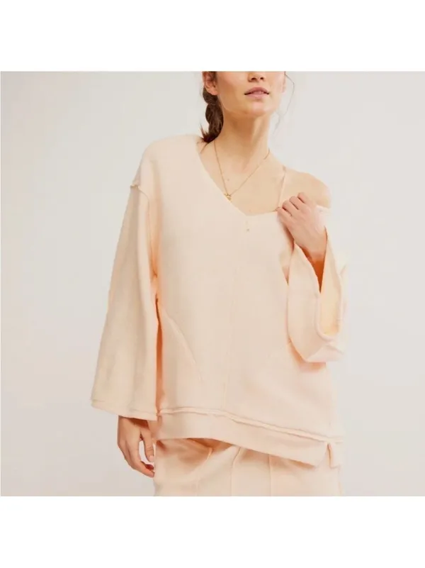 Free People Intimately Day Off Fleece Pullover Sweater Peach lounge cozy Sz S - Image 5