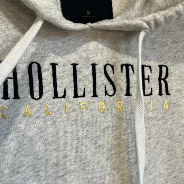 Hollister California Graphic Hoodie Floral Sleeve‎ Embroidery Gray Pullover M - Image 3